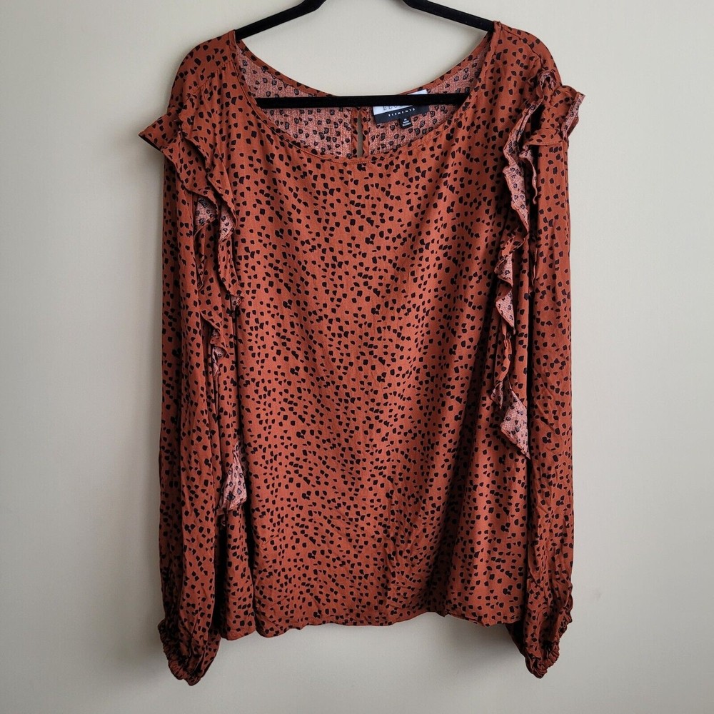Eloquii Womens Blouse Plus Size 28 Graphic Dot Print Ruffles Puff Sleeves Brown